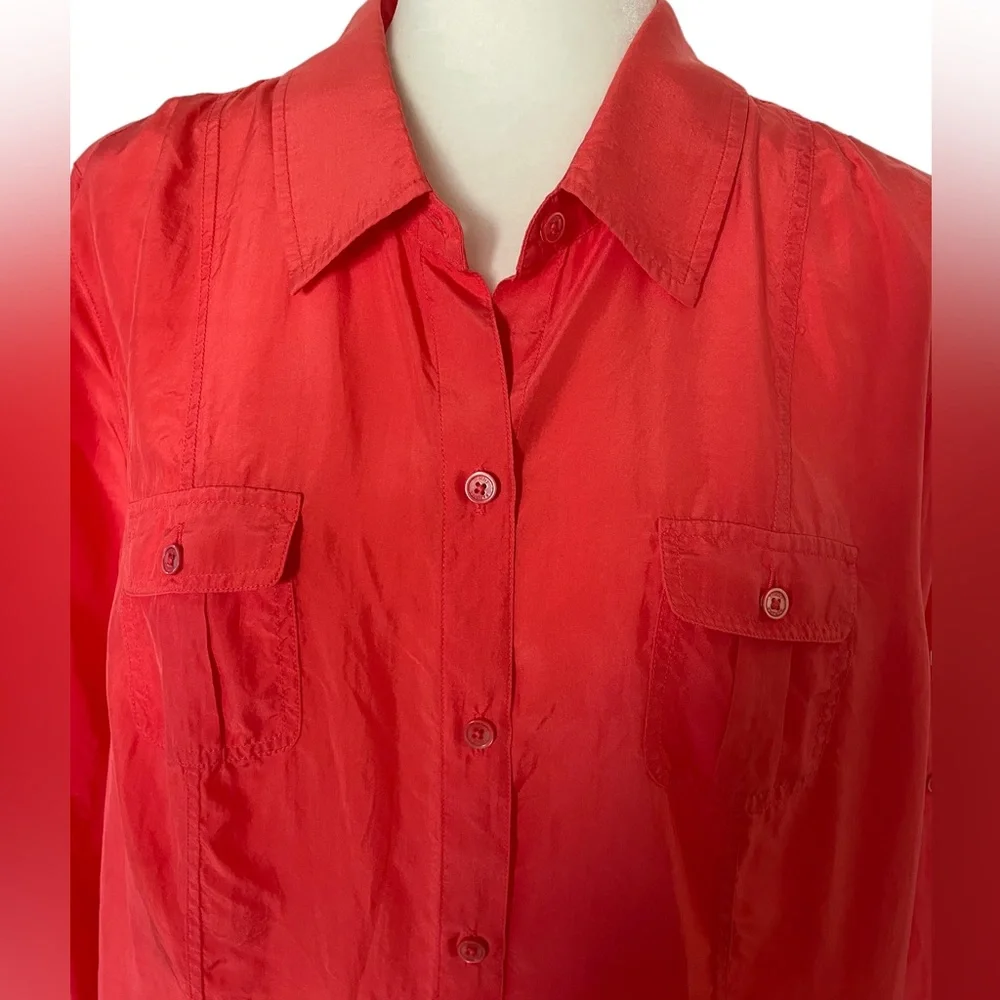 TOMMY BAHAMA CORAL 100% SILK BLOUSE Size XL Long Sleeved Button Down - Picture 3 of 14